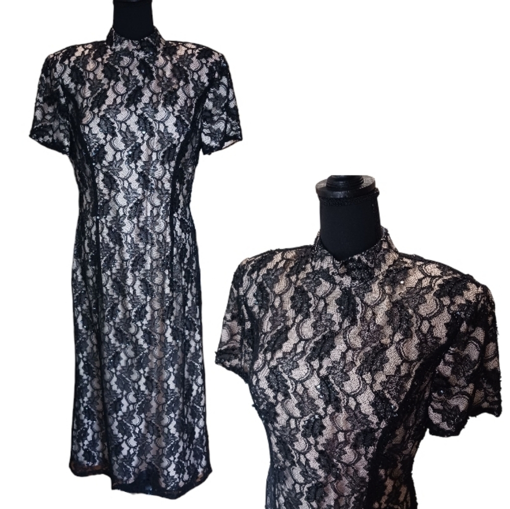 80s Stone Ferris Beaded Lace Evening Gown - Picture 2 of 12